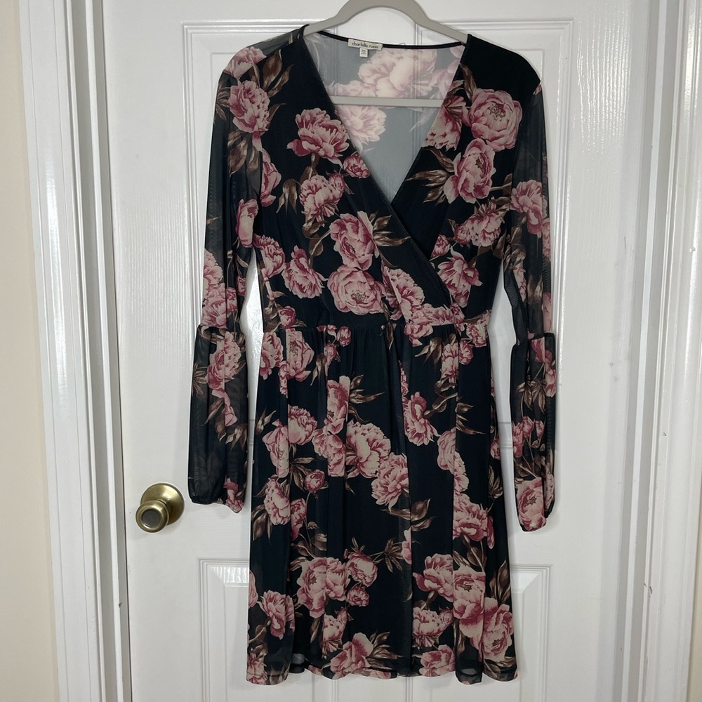 Formal Black Floral Mesh V Neck Dress | Charlotte Russe
